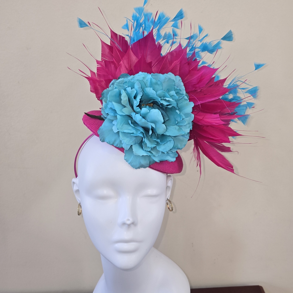 Fuchsia & Turquoise Feather Flower Headband Fascinator